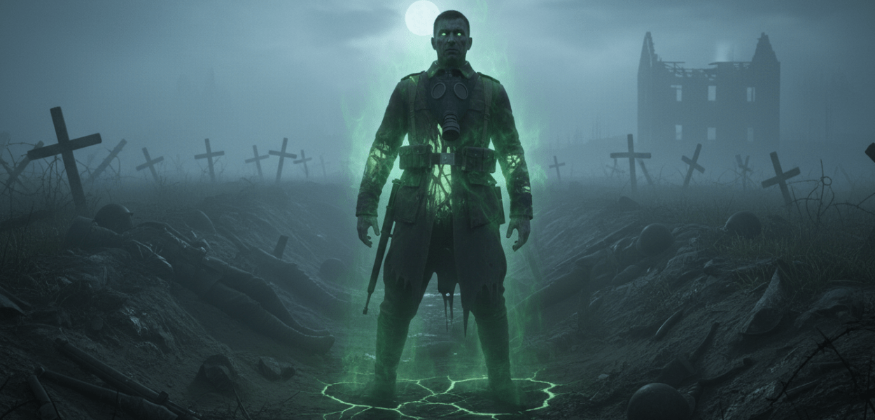Spectral soldier with glowing green eyes and aura standing in a moonlit, war-torn trench.