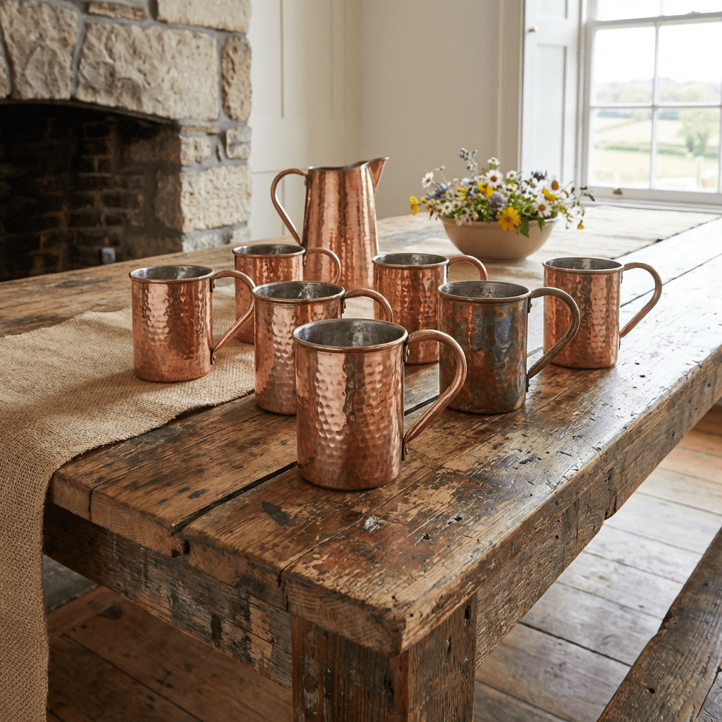 Hammered copper mugs and a pitcher on a rustic wooden table with wildflowers.