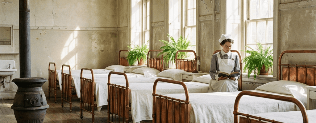 A nurse in traditional uniform sits reading in a vintage hospital ward with iron beds.