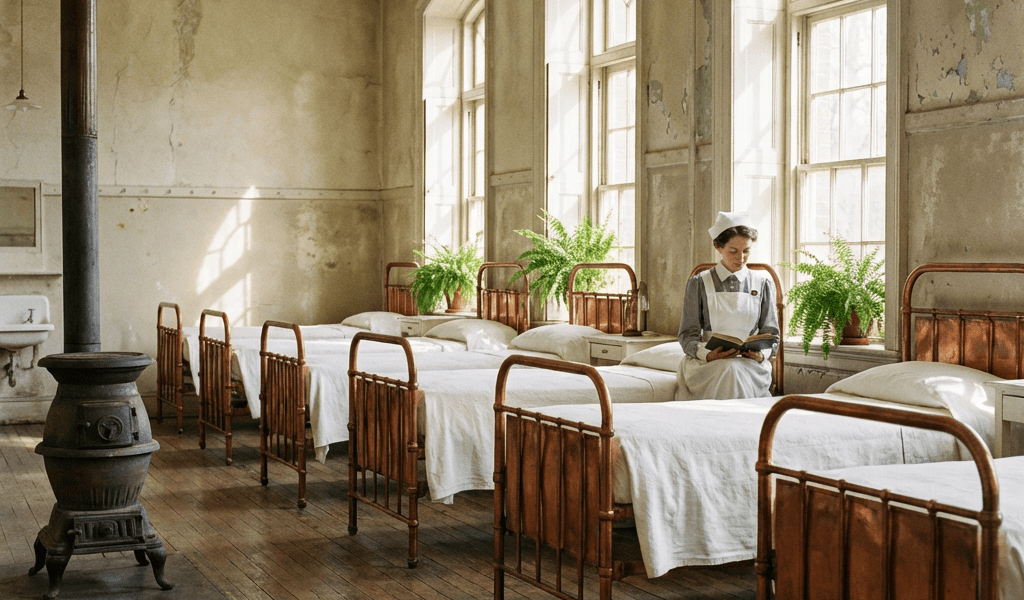 A nurse in traditional uniform sits reading in a vintage hospital ward with iron beds.