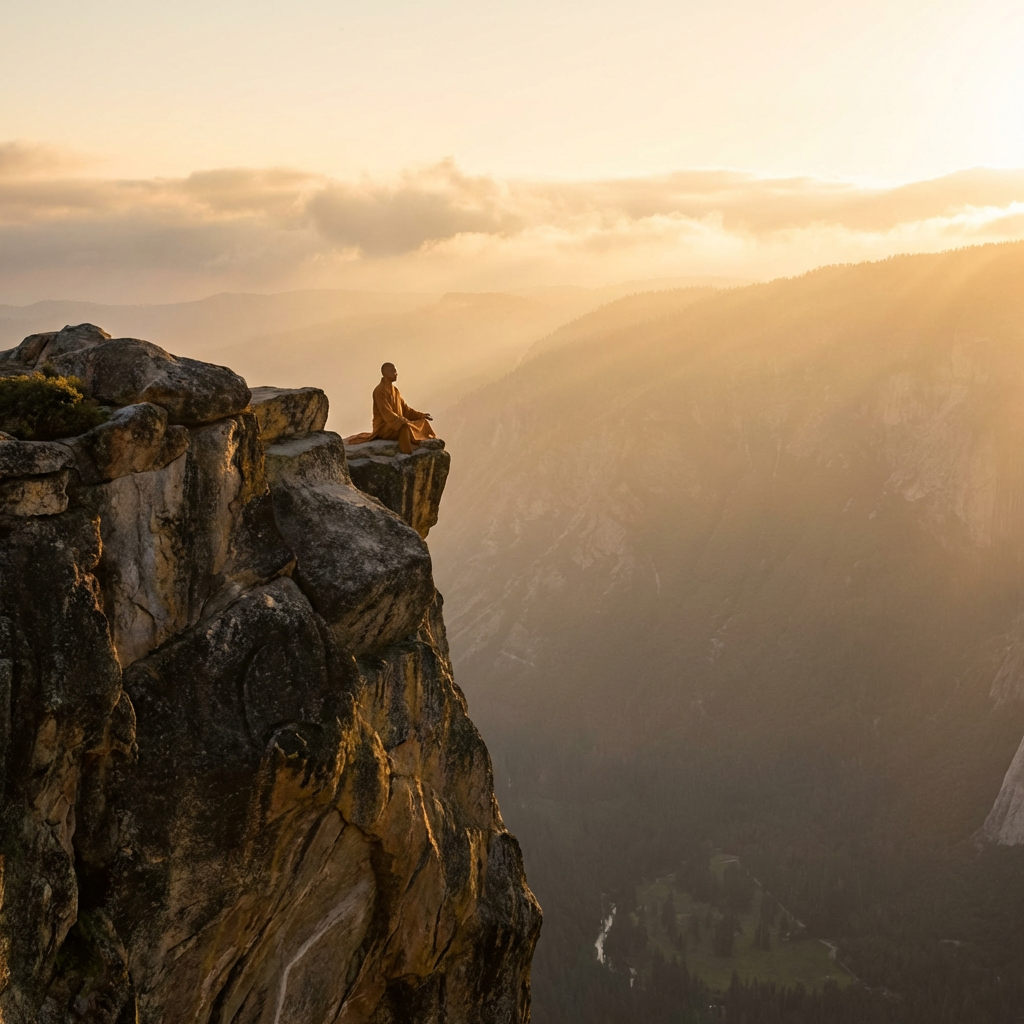 A monk in orange robes meditates on a high mountain cliff during a golden sunrise.