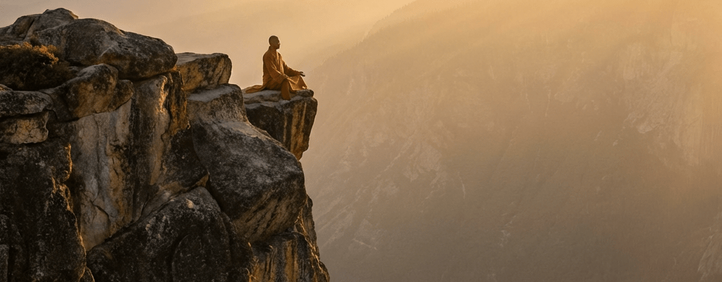 A monk in orange robes meditates on a high mountain cliff during a golden sunrise.