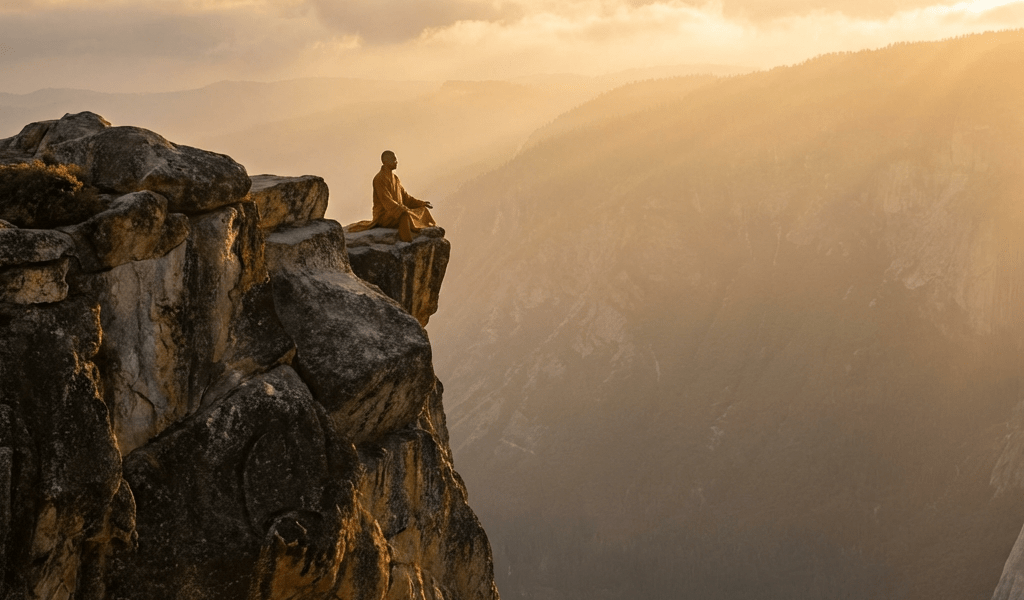 A monk in orange robes meditates on a high mountain cliff during a golden sunrise.