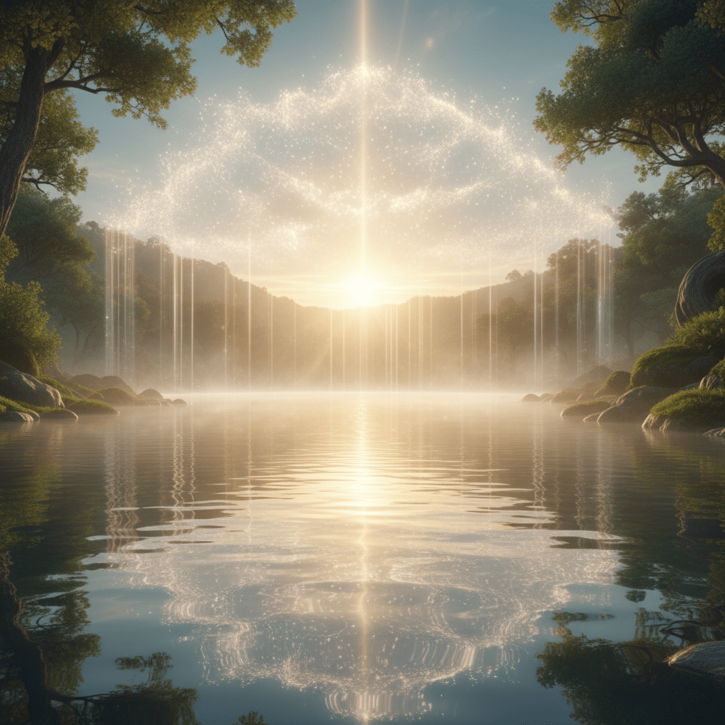 Shimmering arch of light over a calm lake surrounded by trees and misty hills.