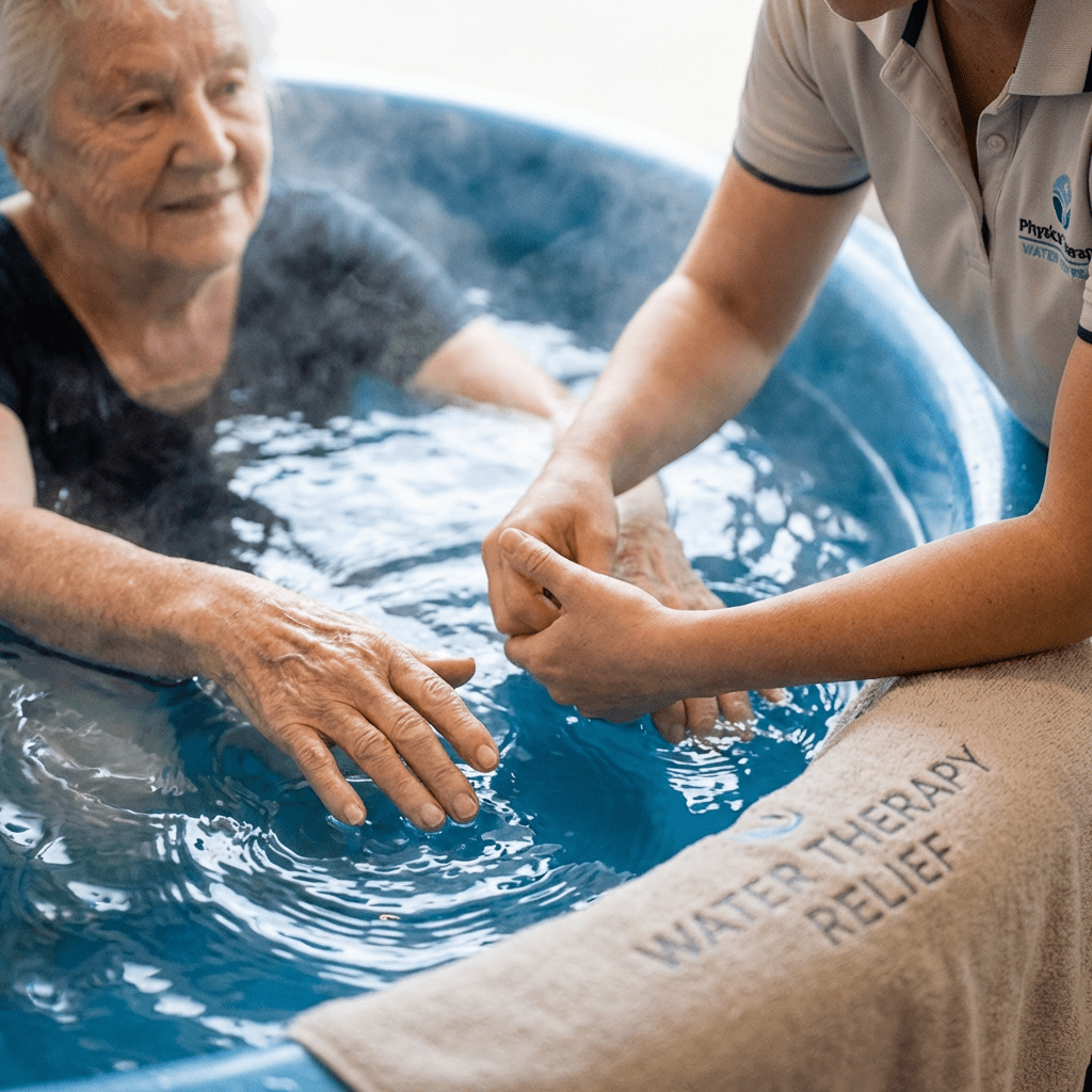 An elderly woman receives guided hydrotherapy treatment in a blue pool from a therapist.