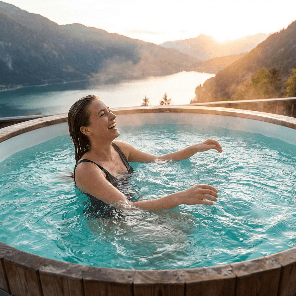 A woman laughing in an outdoor hot tub overlooking a lake and mountains at sunset.
