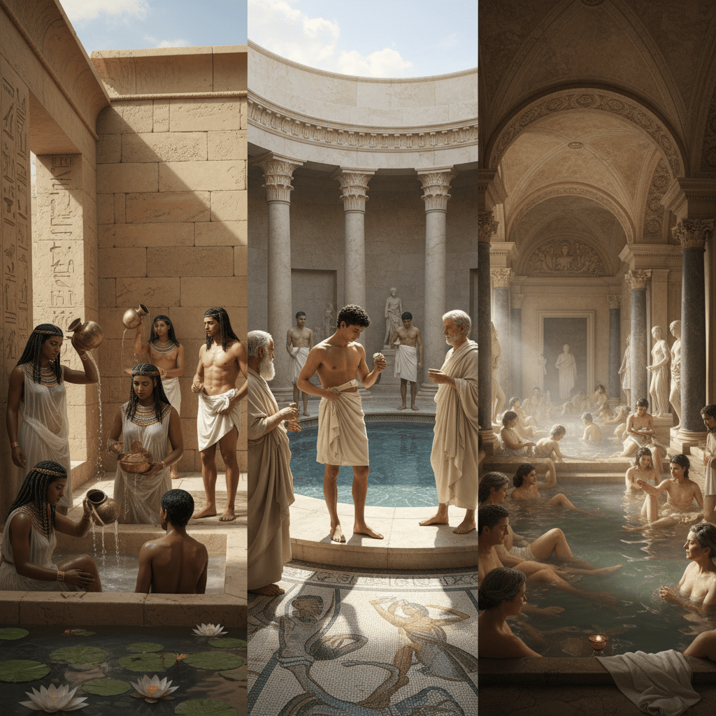 Triptych depicting communal bathing rituals in ancient Egyptian, Greek, and Roman civilizations.