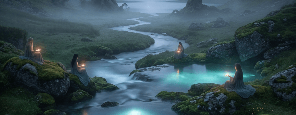 Robed figures holding small lights sit by a glowing river in a misty valley at night.
