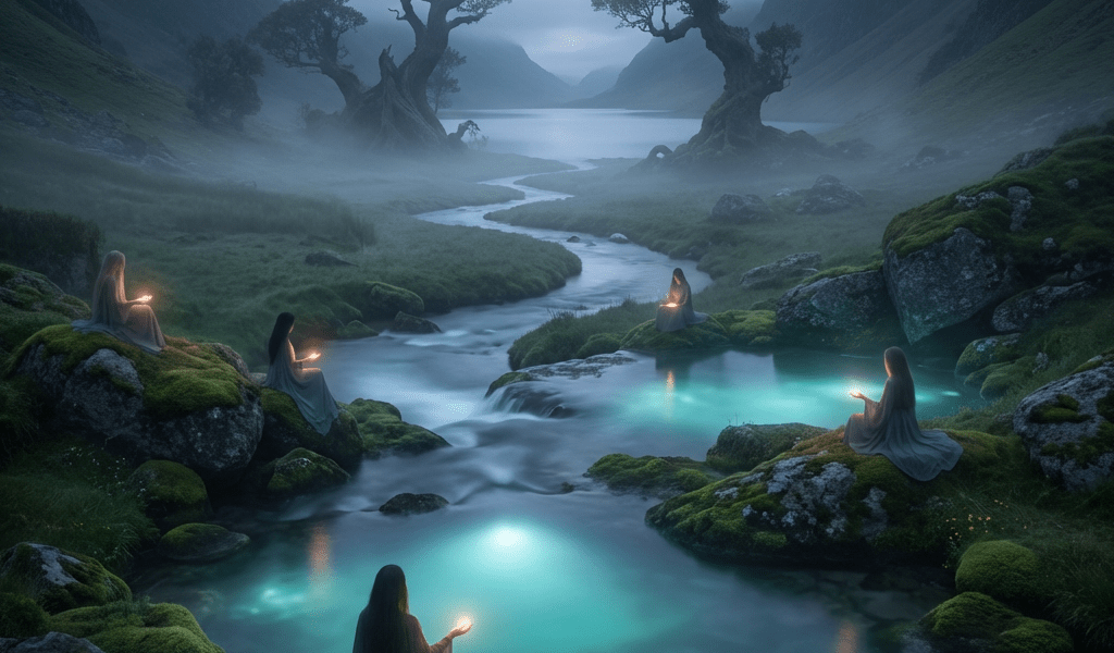 Robed figures holding small lights sit by a glowing river in a misty valley at night.