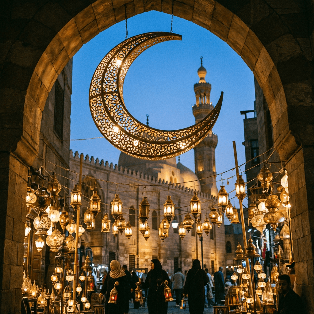 Large ornate crescent moon and strings of lanterns hanging over a busy city street.