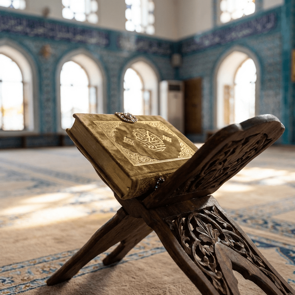 A Quran on an ornate wooden stand inside a mosque with decorative blue tiles.