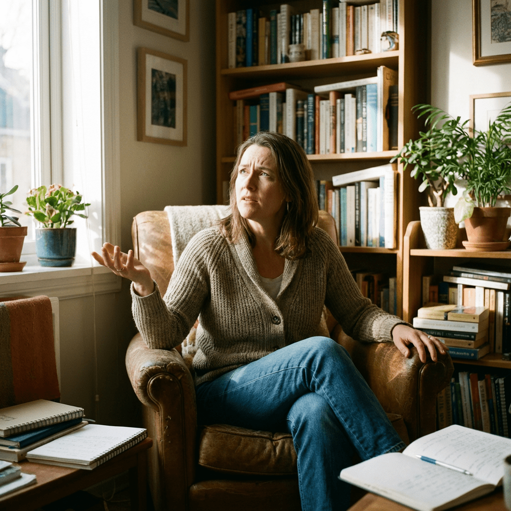 A woman gesturing while sitting in a leather armchair in a room filled with books.