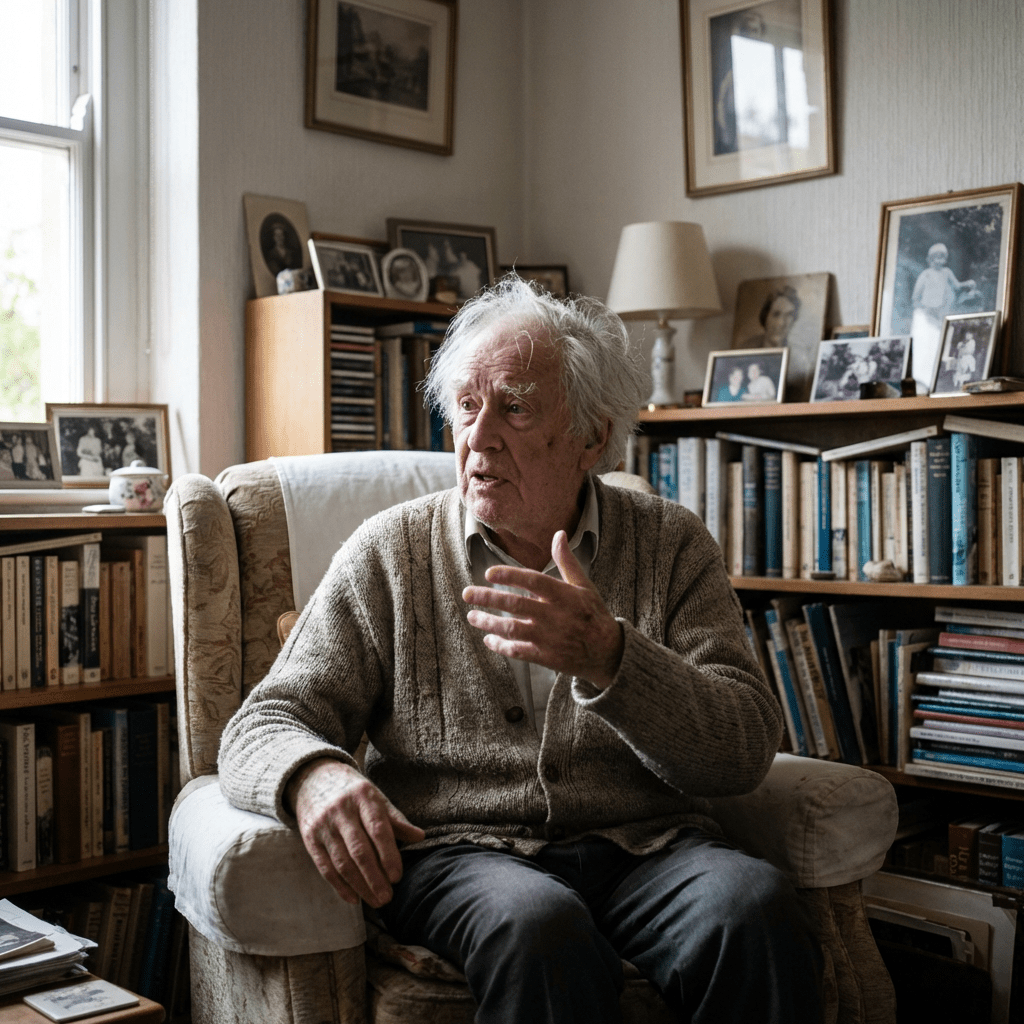 Elderly man gesturing while sitting in an armchair surrounded by bookshelves and framed photos.