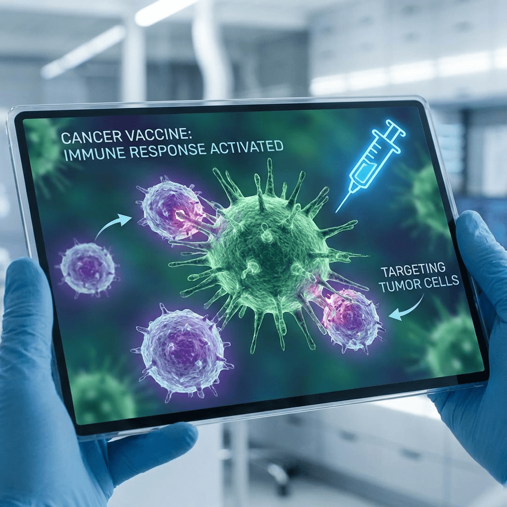Tablet showing 'CANCER VACCINE: IMMUNE RESPONSE ACTIVATED' and 'TARGETING TUMOR CELLS' with medical illustrations.