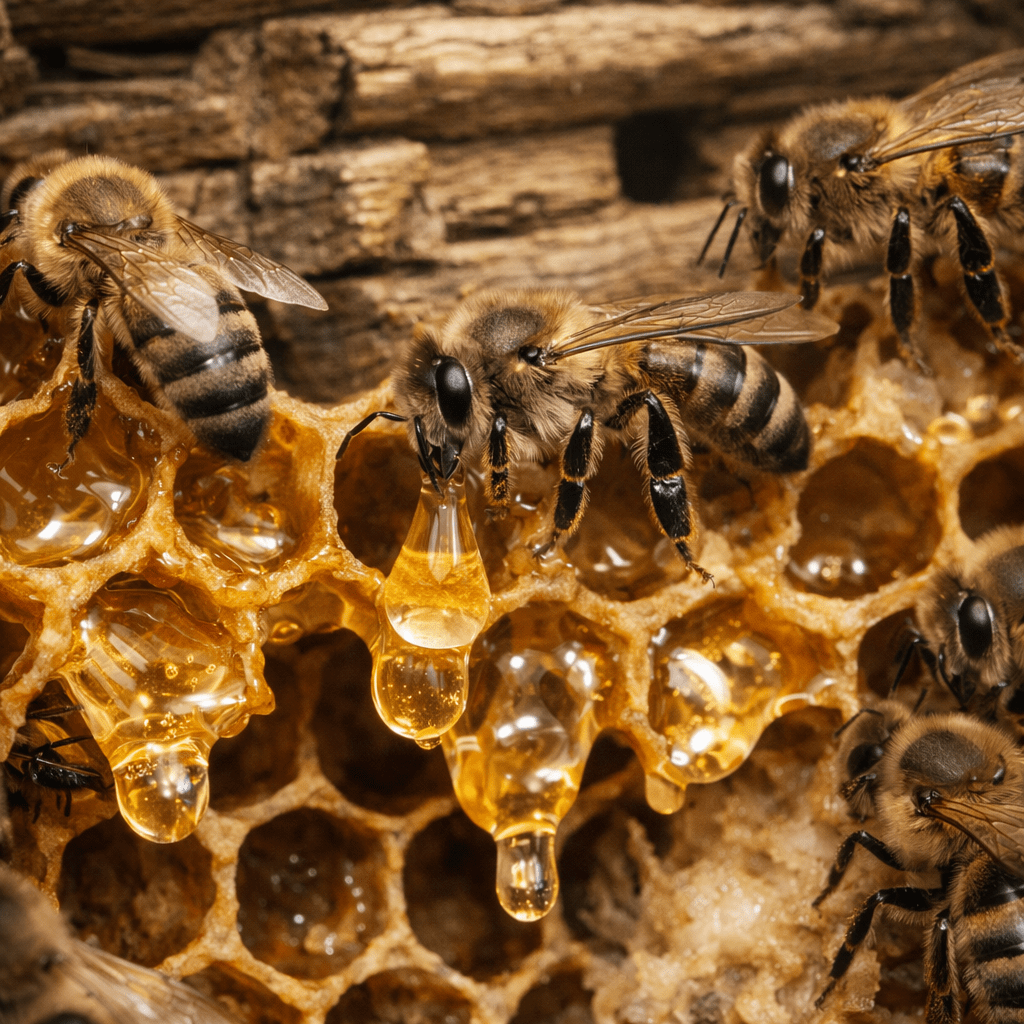Honeybees gathering golden nectar from honeycomb cells