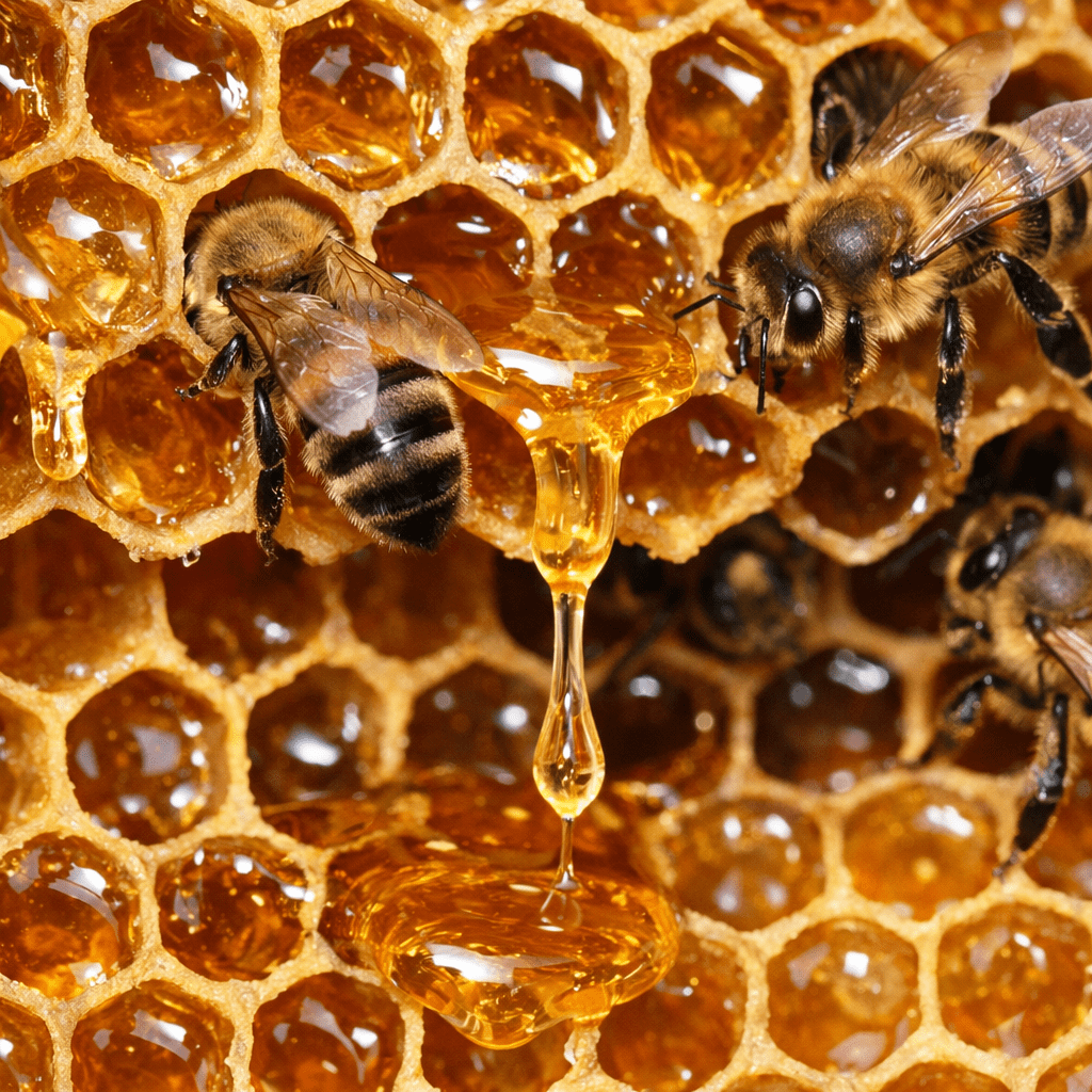 Honeybees inside hexagonal honeycomb cells with honey dripping