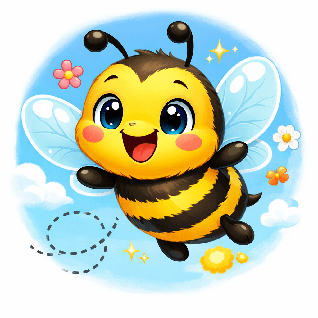 Happy cartoon bee with big eyes and wings flying near flowers and clouds