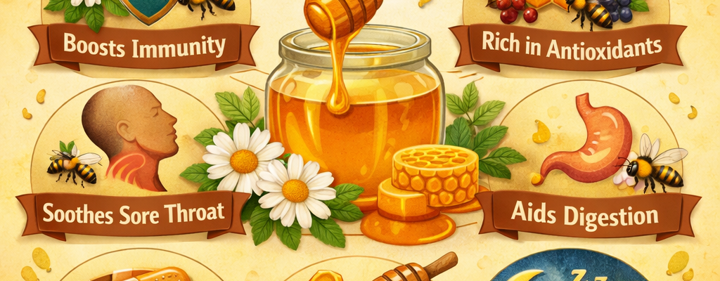 Jar of honey with six health benefits including boosts immunity, rich in antioxidants, soothes sore throat, aids digestion, heals wounds, natural energy source, improves sleep