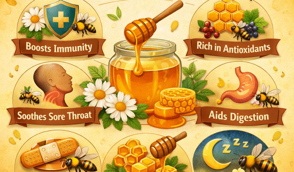 Jar of honey with six health benefits including boosts immunity, rich in antioxidants, soothes sore throat, aids digestion, heals wounds, natural energy source, improves sleep