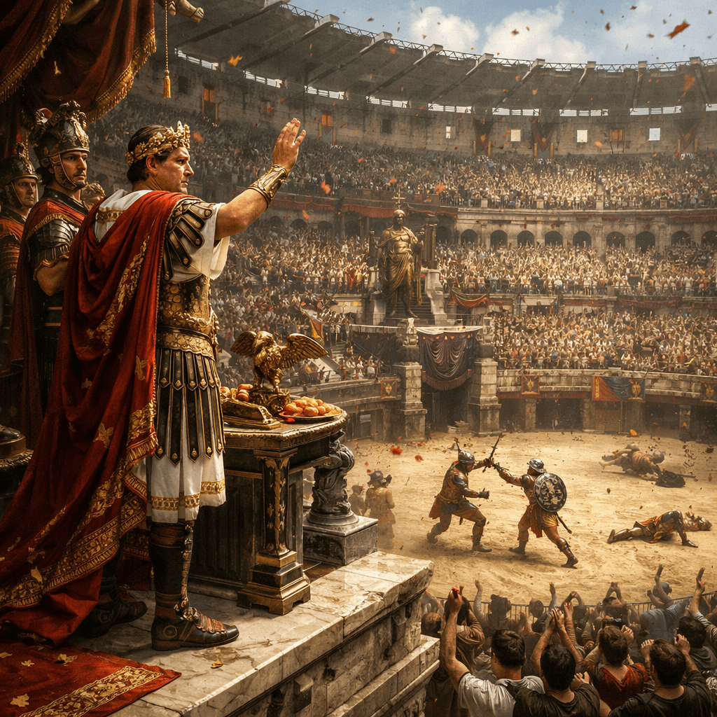 Roman emperor overseeing gladiator combat in an ancient Colosseum