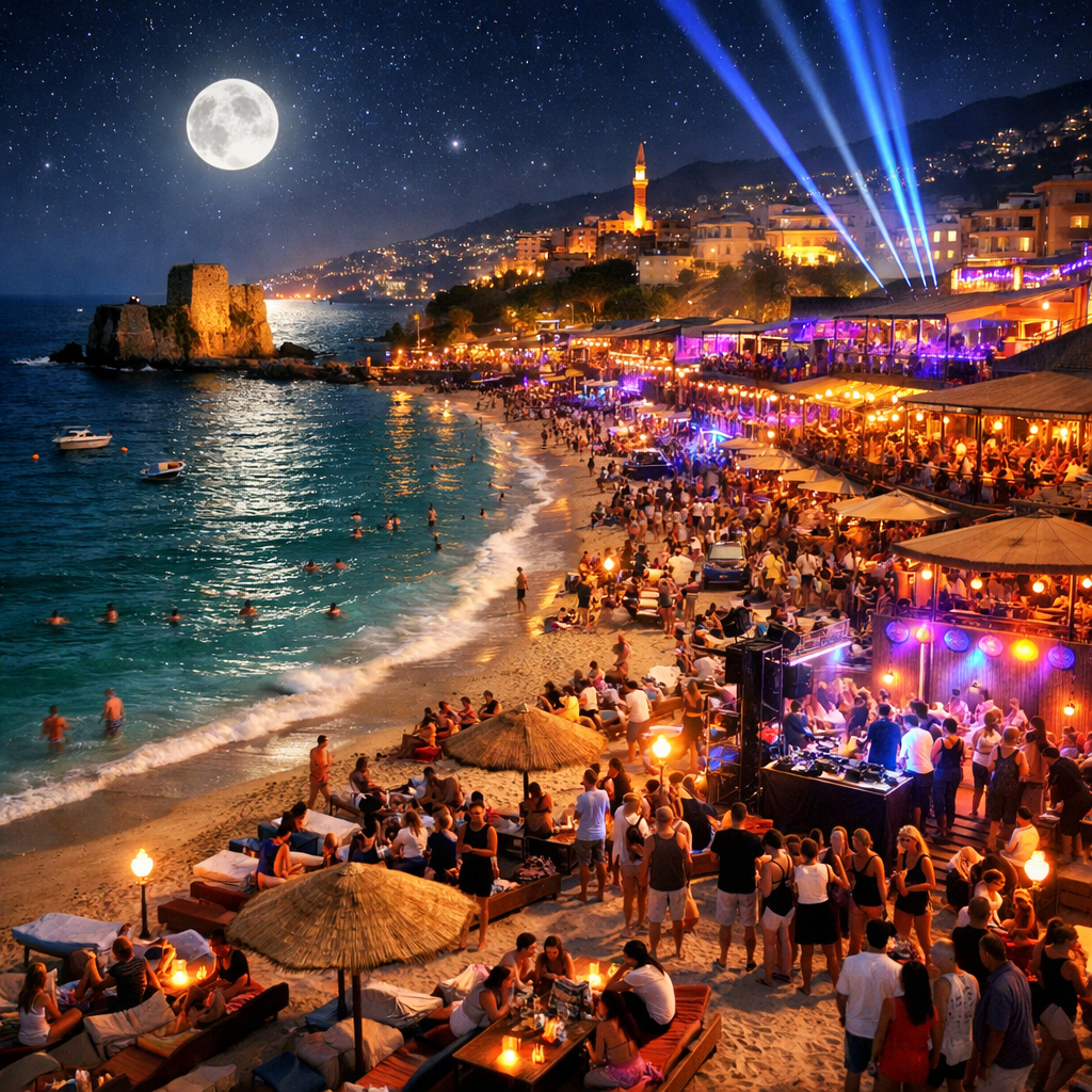 Crowded beach party with people swimming, dining, and socializing at night under a full moon