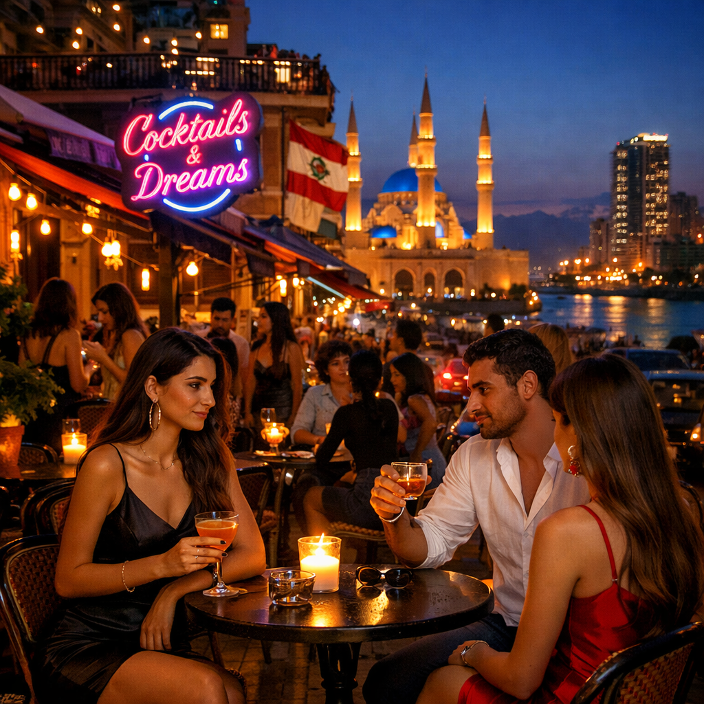 People drinking cocktails at an outdoor bar near a waterfront mosque illuminated at dusk