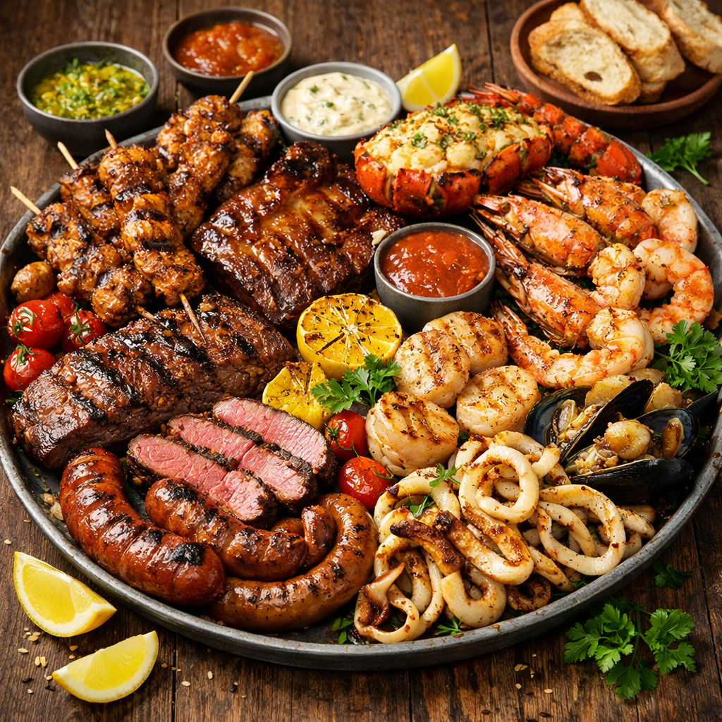 Platter of grilled shrimp, scallops, sausages, steak, squid, lobster, ribs, and sauces