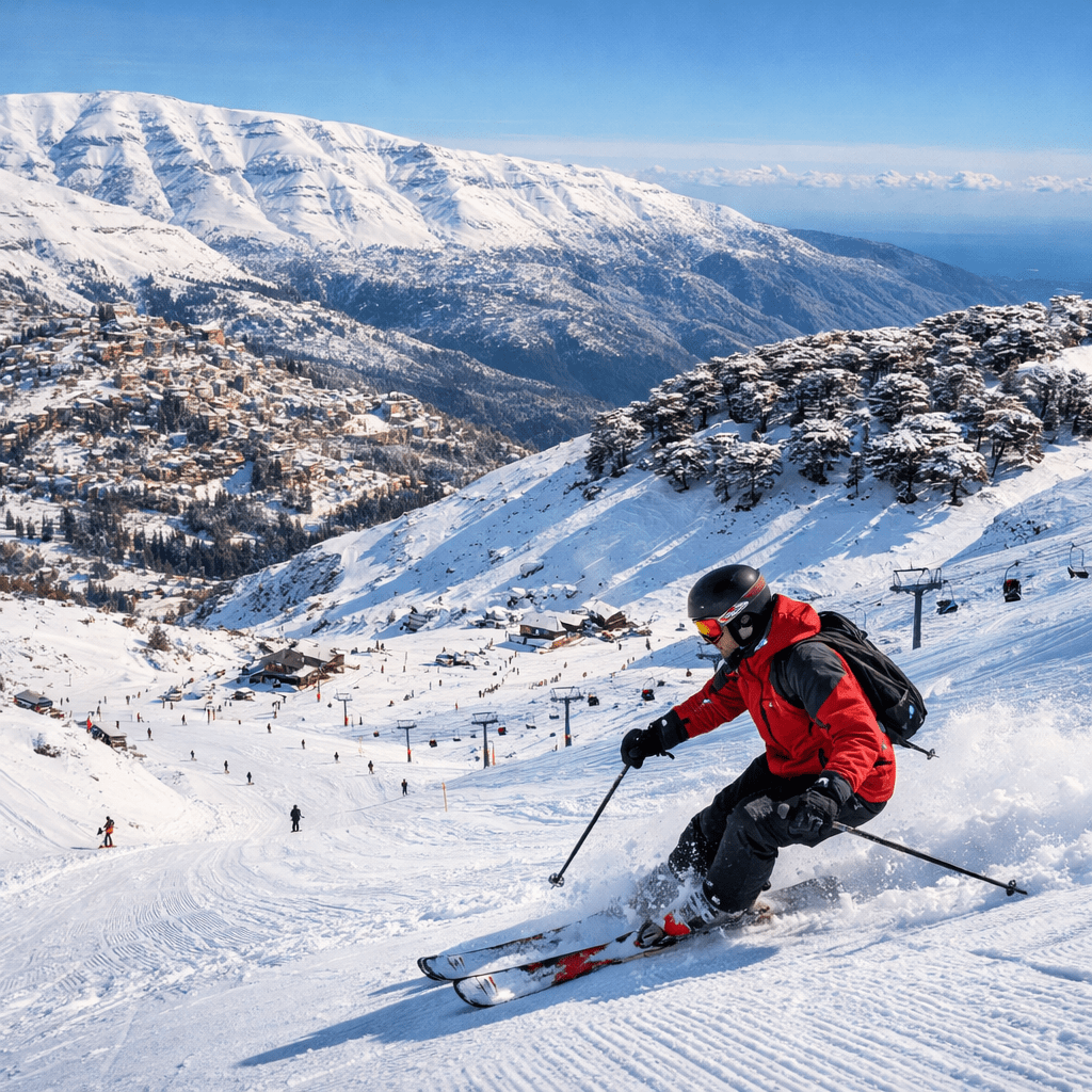 Skier in red jacket skiing down snowy mountain slope with chairlifts and snowy mountains in background