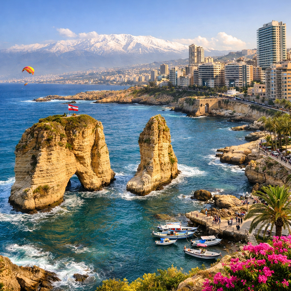 Pigeon Rocks in the Mediterranean Sea near Beirut coast with boats and city skyline
