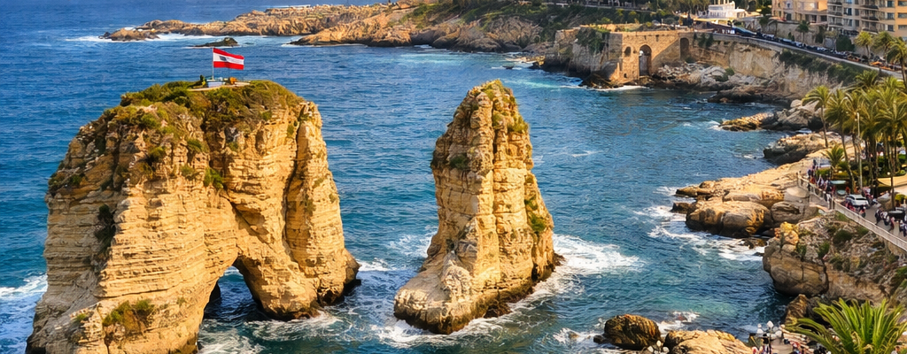 Pigeon Rocks in the Mediterranean Sea near Beirut coast with boats and city skyline
