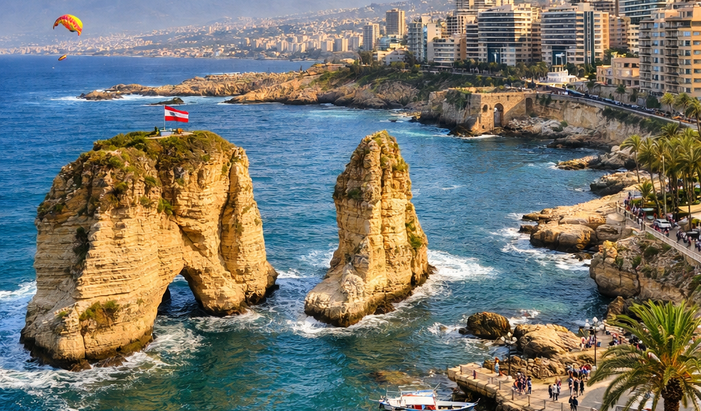 Pigeon Rocks in the Mediterranean Sea near Beirut coast with boats and city skyline