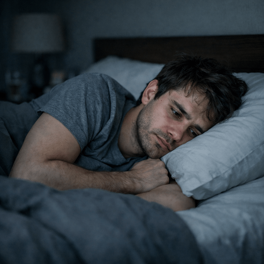 A man lying on his side in bed with eyes open, looking thoughtful and restless.