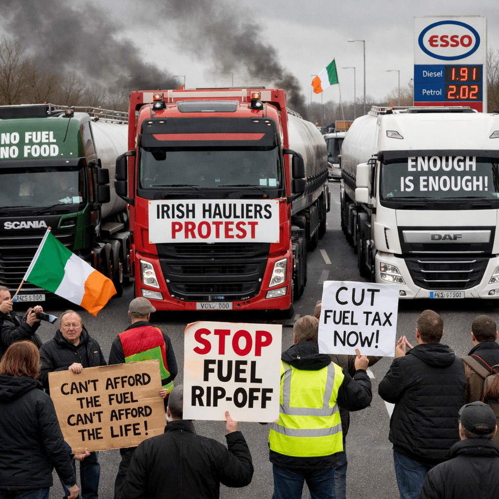 Irish hauliers protest with trucks and signs demanding fuel tax cuts