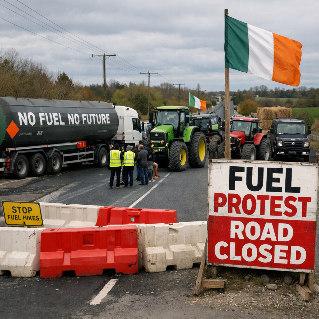 Tractors and fuel tanker blocking a road with signs reading 'Fuel Protest Road Closed' and 'No Fuel No Future'