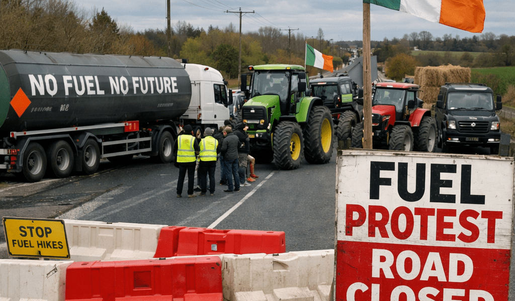 Tractors and fuel tanker blocking a road with signs reading 'Fuel Protest Road Closed' and 'No Fuel No Future'