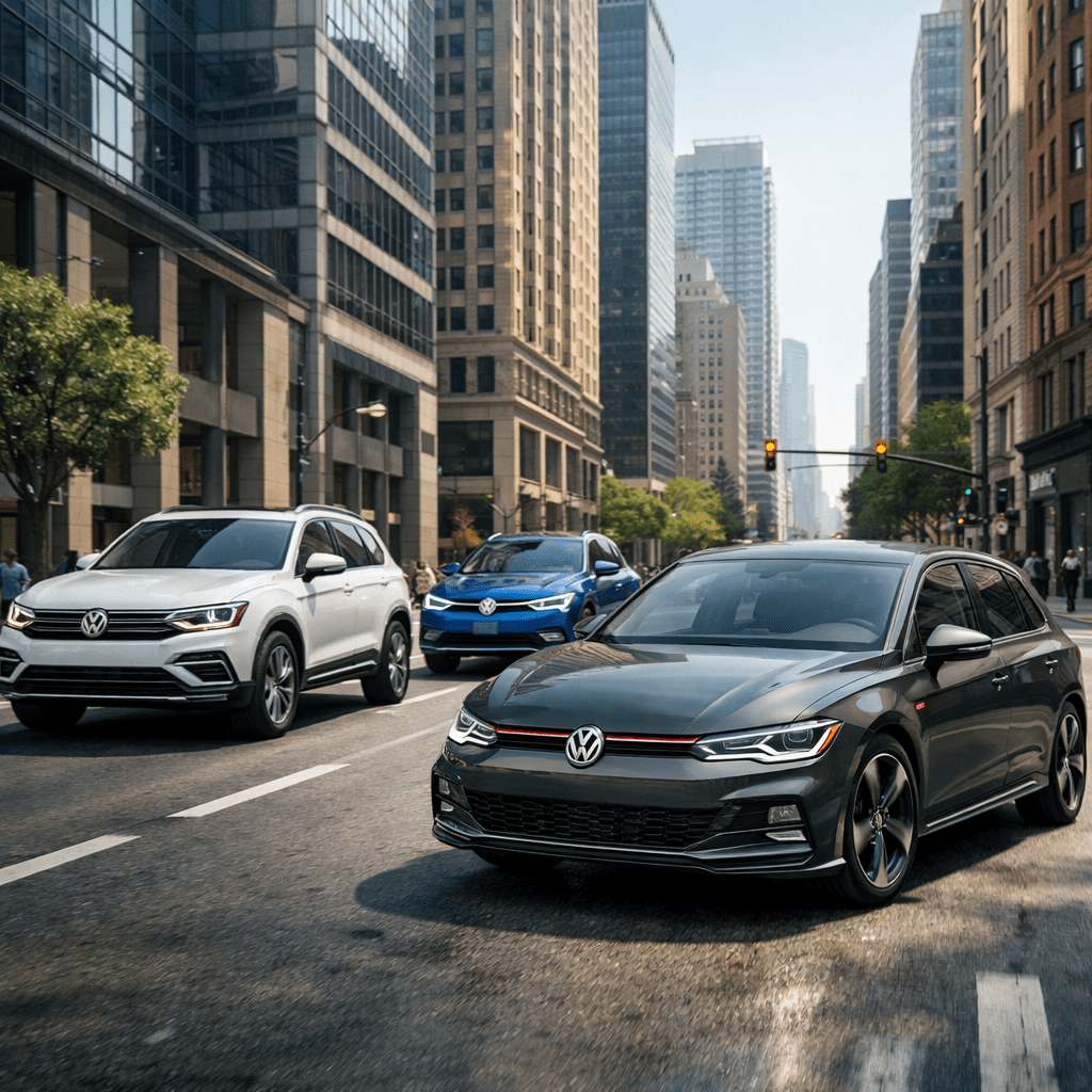 Three Volkswagen cars driving on a city street surrounded by tall buildings.
