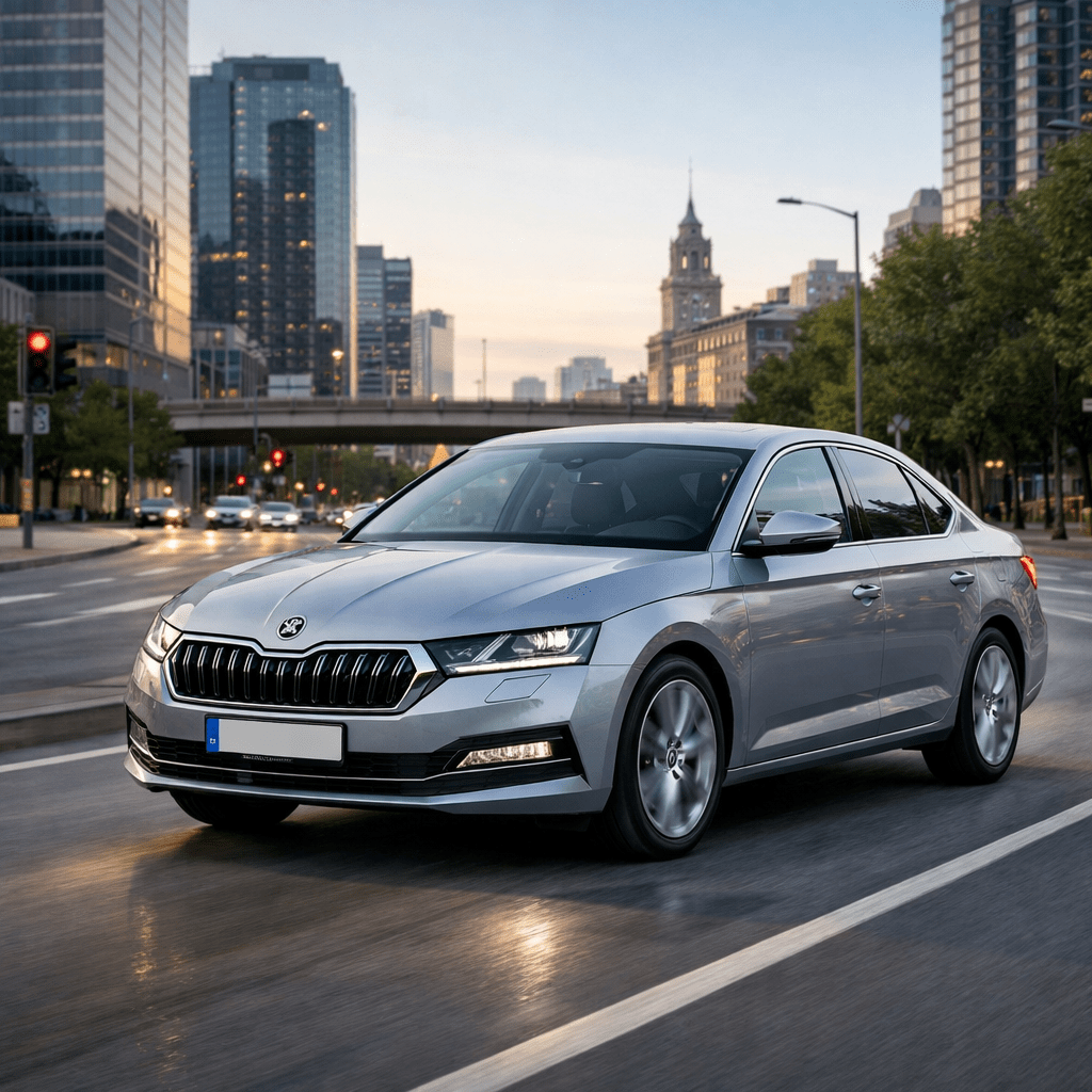 Silver Skoda sedan driving on wet city road with modern buildings