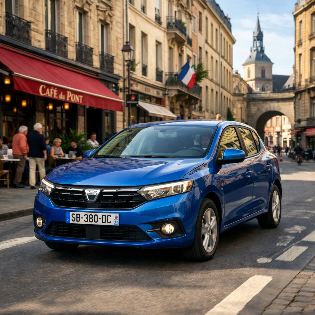 Blue hatchback car driving on a narrow European street with outdoor cafes and historic buildings