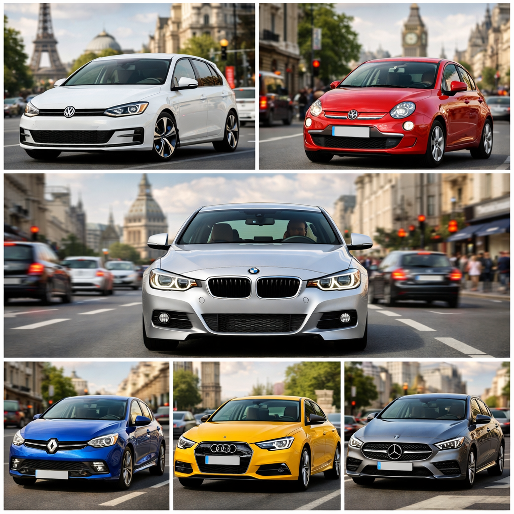 Collage of popular European cars on city road
