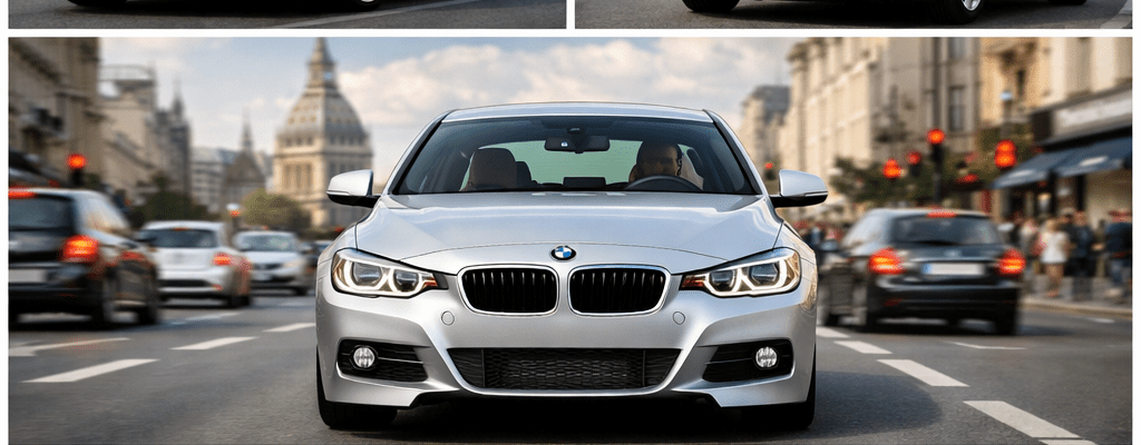 Collage of popular European cars on city road