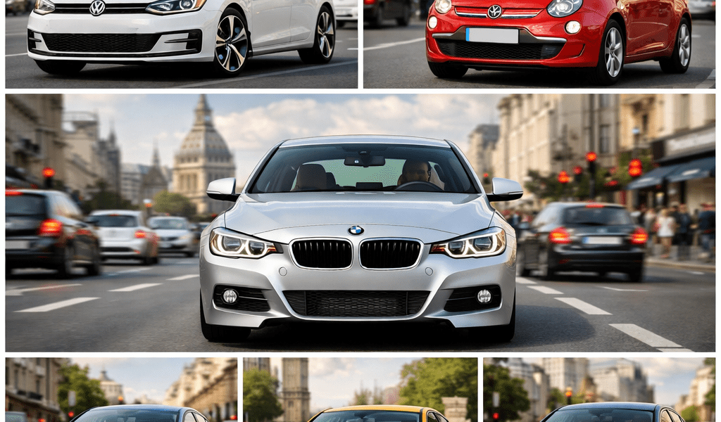Collage of popular European cars on city road