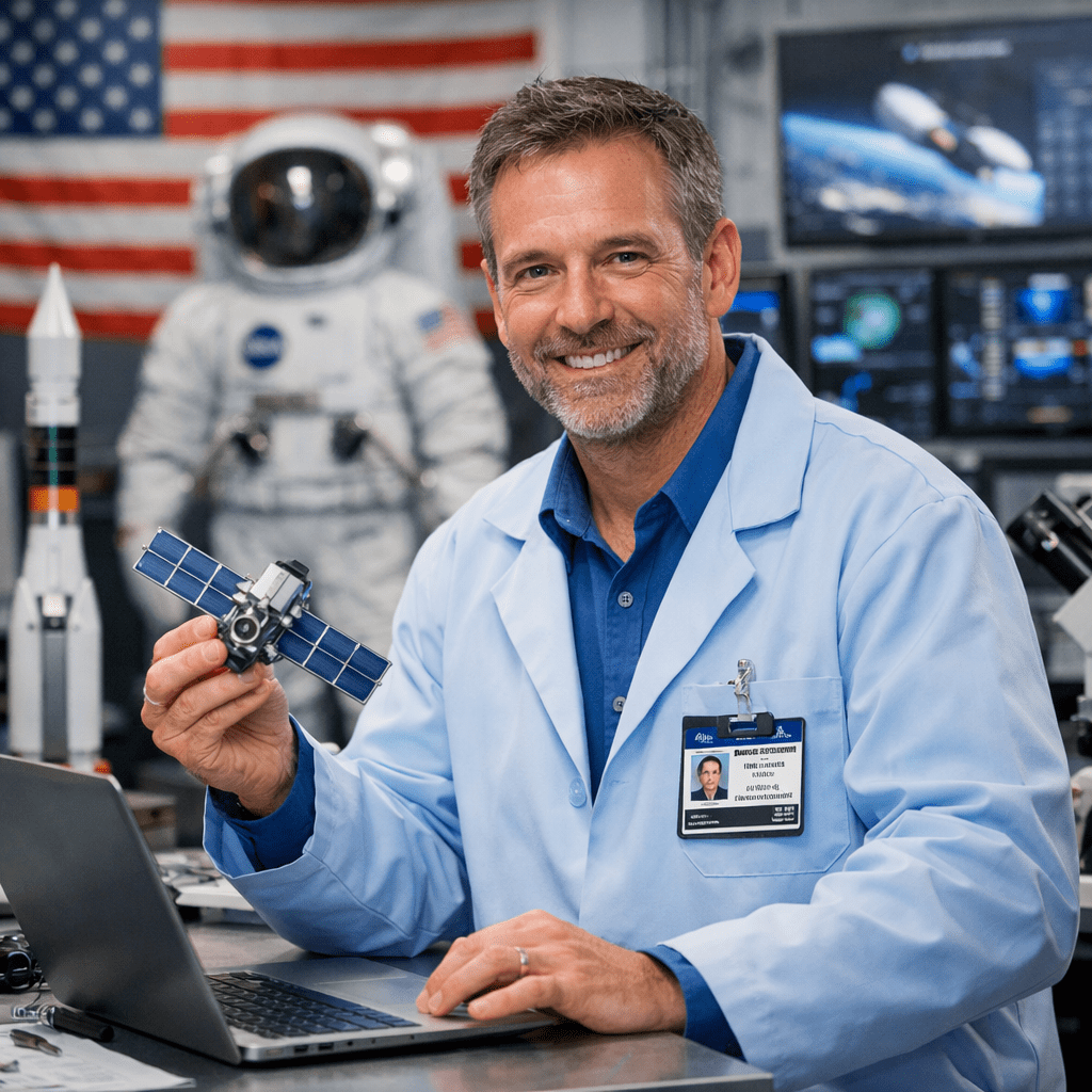 Scientist holding a satellite model with an astronaut suit and American flag in the background