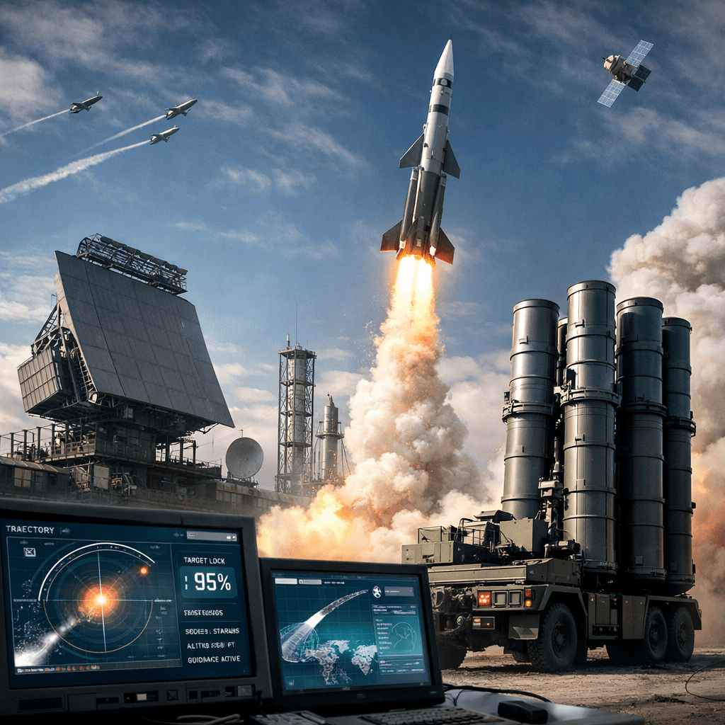 Missile launching from mobile surface-to-air launcher with radar tracking screens in foreground