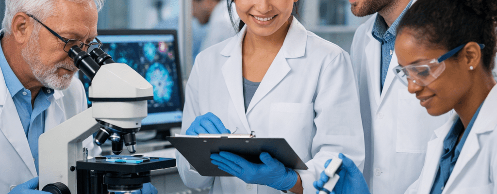 Scientists in lab coats working with microscope and test tubes