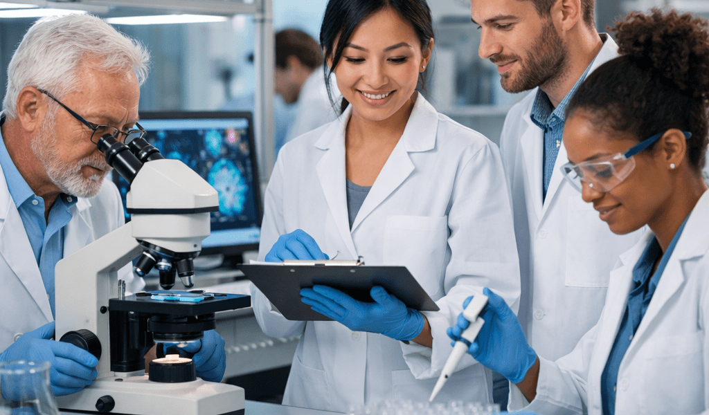 Scientists in lab coats working with microscope and test tubes