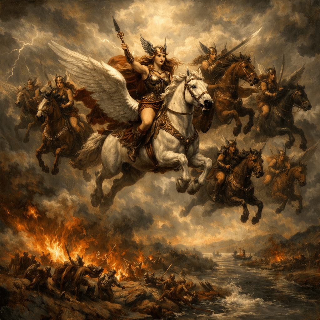 Valkyries on winged horses flying over a burning battlefield with warriors fighting below