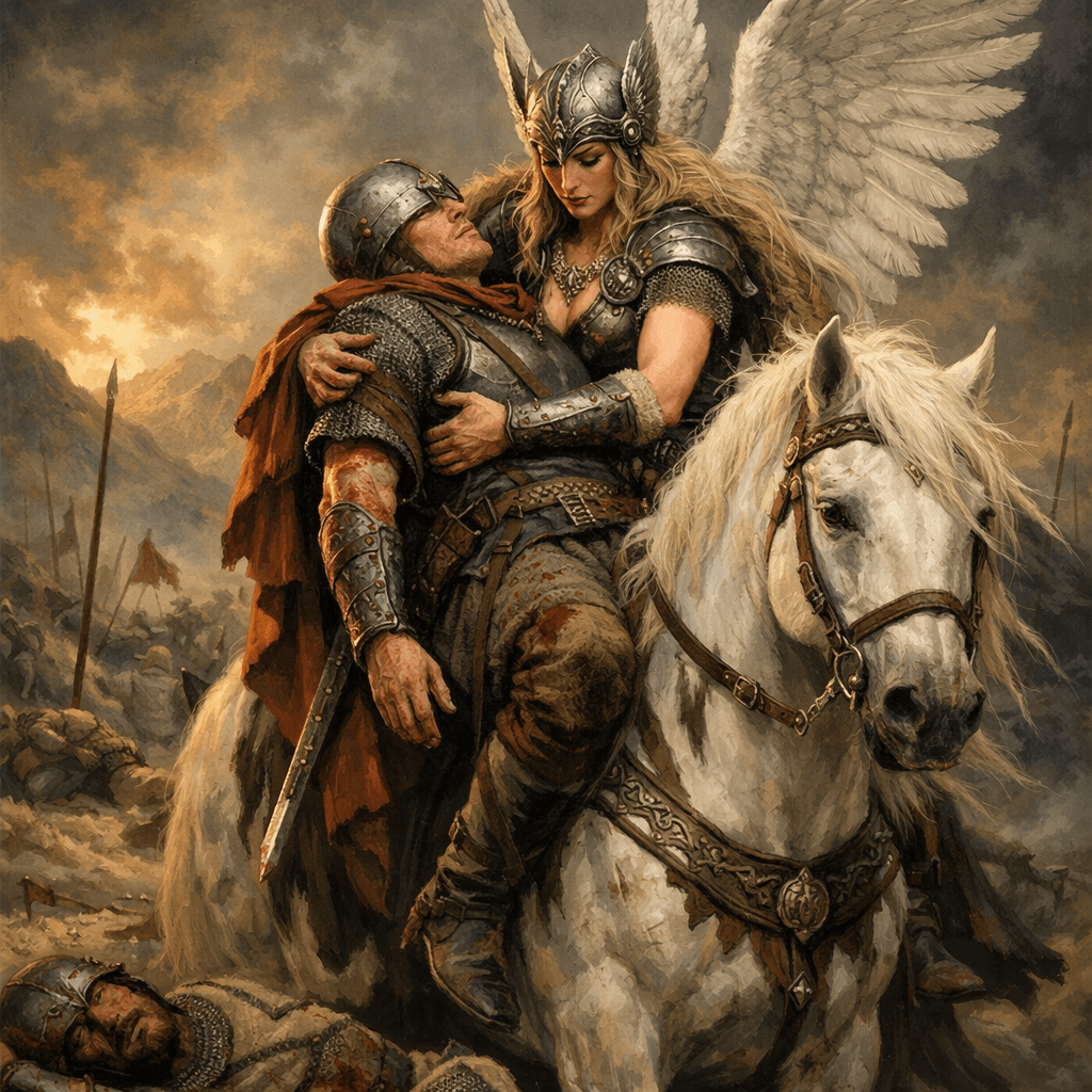 Winged Valkyrie carrying wounded armored knight on white horse in battlefield