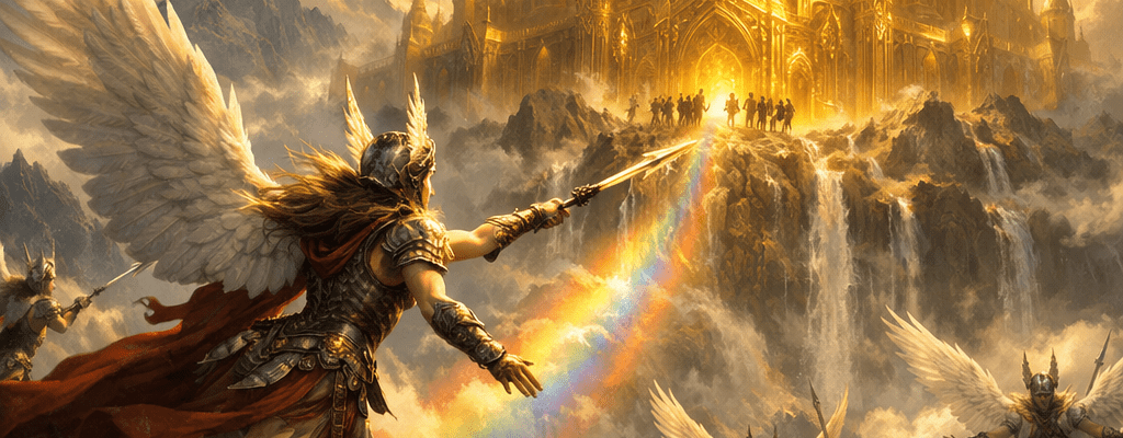 Winged armored warriors flying towards a glowing golden castle above clouds and mountains with a rainbow path