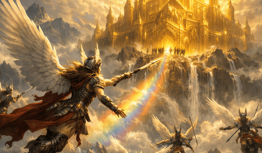 Winged armored warriors flying towards a glowing golden castle above clouds and mountains with a rainbow path
