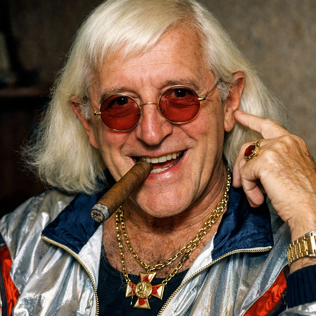 Man with white hair, red sunglasses, gold chains, cigar in mouth